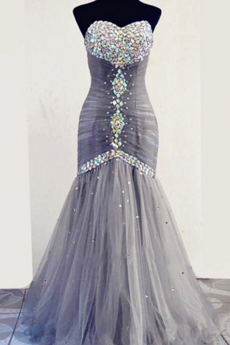 Long Formal Evening Dresses Custom Made Sweetheart Grey Crystal Floor Length Meimard Prom Dresses Party Gowns