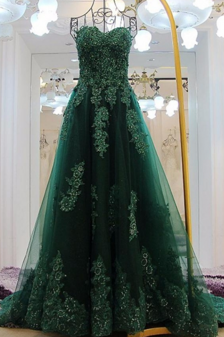Sweetheart Long Lace Prom Dresses,green Sweep Train Prom Gowns,formal Evening Dresses,lace Up Party Dresses