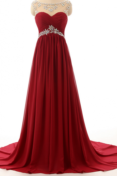 Wine Red Long Prom Dresses，custom Made Beading Chiffon Evening Dresses