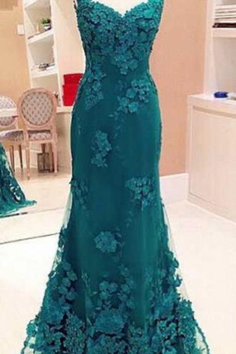 See-through Prom Dresses Online, Backless Mermaid Dark Green Prom Dresses, Tulle Prom Dresses With Lace
