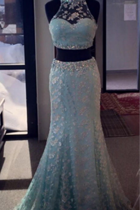 High Neck Crystals Beaded Party Dresses Two Parts Floor Length Appliques Prom Dresses