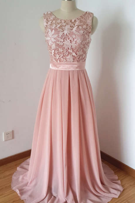 Light Pink Long Chiffon Prom Dresses With Appliques, Scoop Neck Party Dresses, Formal Evening Dresses