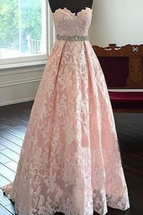 Sweetheart Neck Long Lace Prom Dresses With Crystals Floor Length Party Dresses Custom Made Women Dresses