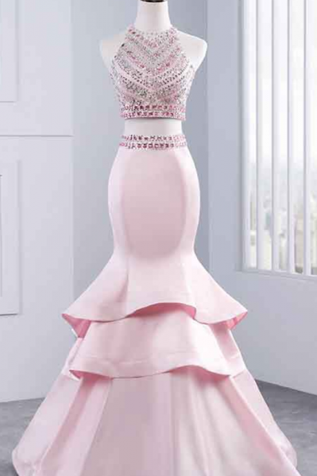 Halter Beaded Two-piece Mermaid Long Prom Dress, Evening Dress Featuring Tiered Ruffle Skirt
