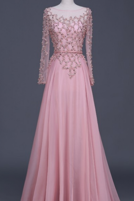 Long Sleeves Prom Dresses,beaded Prom Dresses,pink Prom Dresses,evening Dresses,chiffon Prom Dress,plus Size Party Dresses