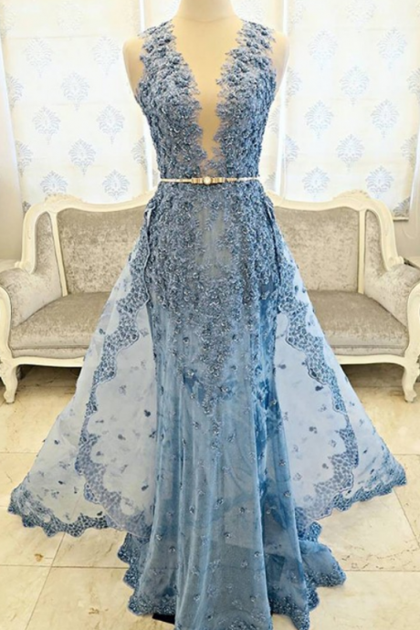 Blue Sheath Illusion Prom Dress With Belt Lace Detachable Train