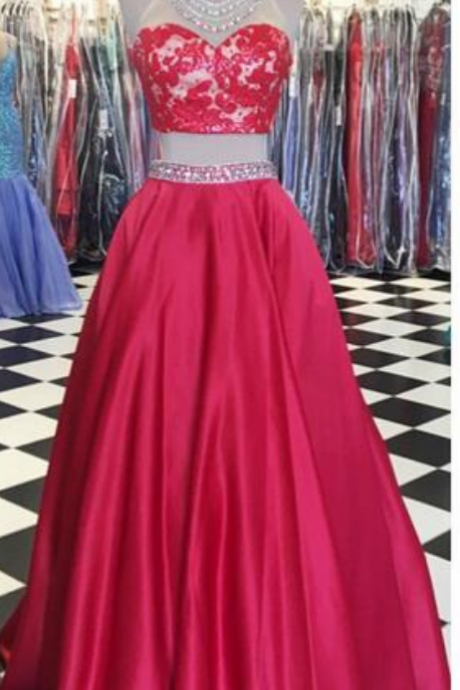 Red Two Pieces Prom Dresses High Neck Sleeveless Beading
