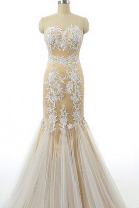 Strapless Champagne Prom Dresses,white Applique Prom Dress