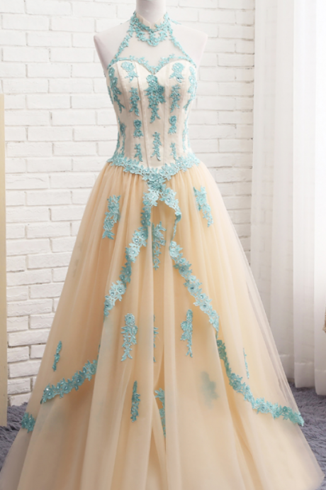 High Neck Royal Blue Puffy Quinceanera Dresses Appliques