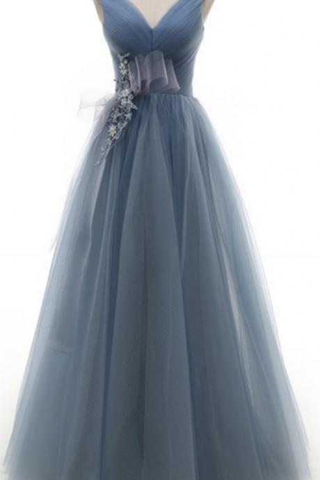 Grey Prom Dresses With Lace Up Appliques Custom Made V Neckline Long Party Dress