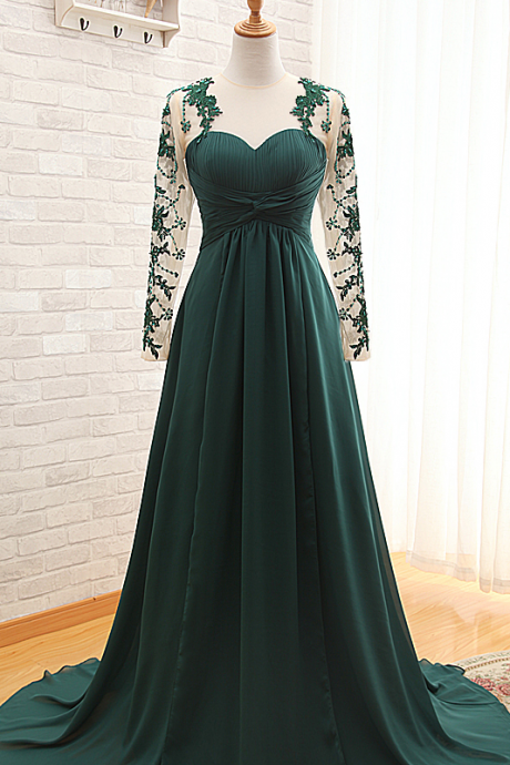 Picture Of Real Products Emerald Illusion Beading Lace Long Sleeve A Line Long Prom Dresses Vestido De Festa