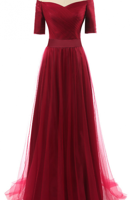 Burgundy Short Sleeves A Line Tulle Evening Dresses Women Party Special Occasion Dresses