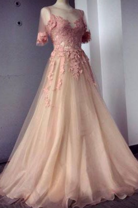 Appliques And Tulle Prom Dresses, Floor-length Prom Dresses, Sexy Prom Dresses, Half Sleeve Prom Dresses, Charming Evening Dresses
