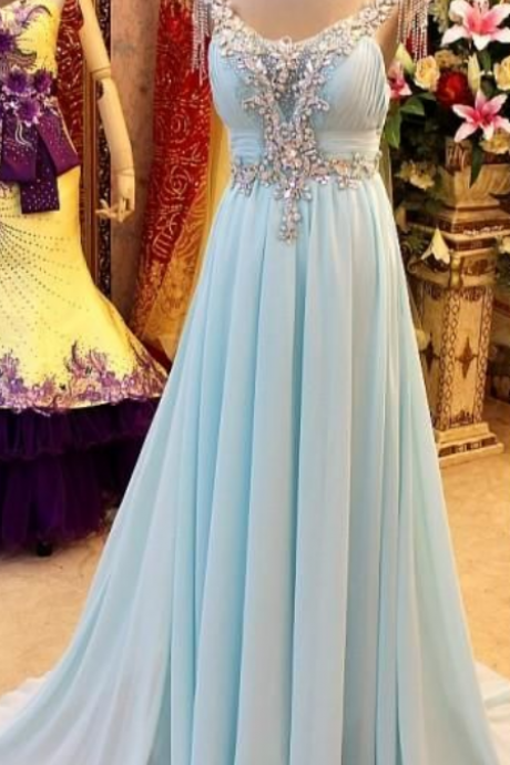 Pretty Light Blue Long Prom Dress With Beadings, Sexy Prom Dresses, Prom Dresses