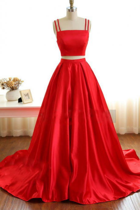 Two Pieces Prom Dress, Spaghetti Straps Prom Dresses, Senior Prom Dress, Graduation Dresses, Prom Dress For Teens,red High Neckline Prom Dress