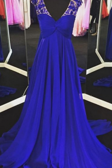 Cap Sleeves Long Chiffon Prom Dresses Lace Appliques Women Dresses