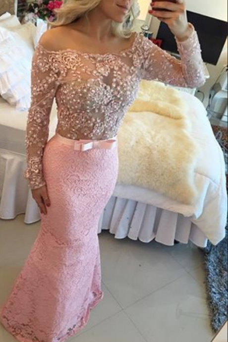 Prom Dresses,prom Dress,pink Lace Prom Dresses Long Sleeve Open Back Pearls Evening Gowns