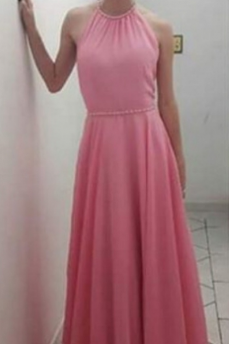 Beaded Halter Pink Prom Dresses,porm Dresses Long A-line,pink Chiffon Prom Dresses Party Dresses