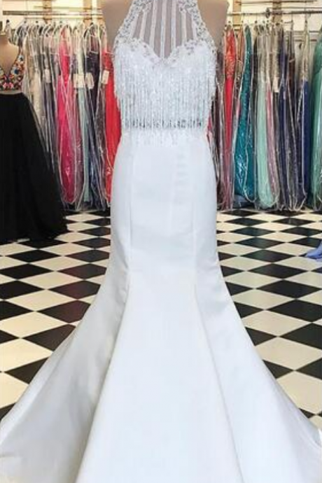White Mermaid Satin Prom Dresses High Neck Beading Crystals Evening Dress Formal Gowns Vestidos