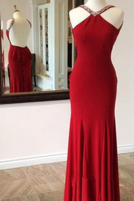 Red Prom Dress,fitted Jersey Halter Formal Prom Gown With Open Back