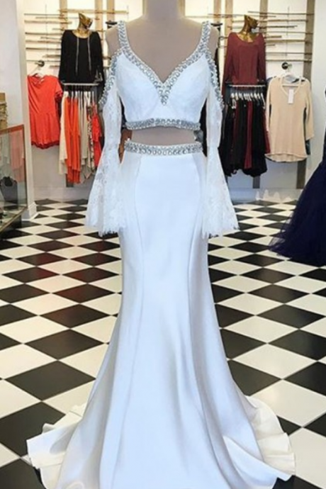 Elegant White V-neck Long Sleeves Floor-length Mermaid Prom Dress With Beading Lace