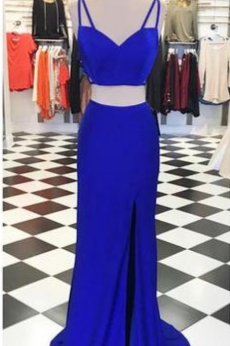 Two Pieces Royal Blue Prom Dresses, Sexy Side Slit Satin Prom Dresses, Long Prom Dresses, Prom Dresses