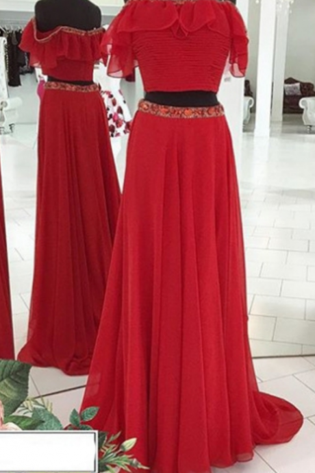 Red Beading Off-the-shoulder Chiffon Two Pieces Prom Dresses