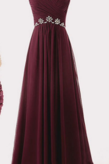 Maroon Sleeveless Crystal Beaded A-line Prom Dresses