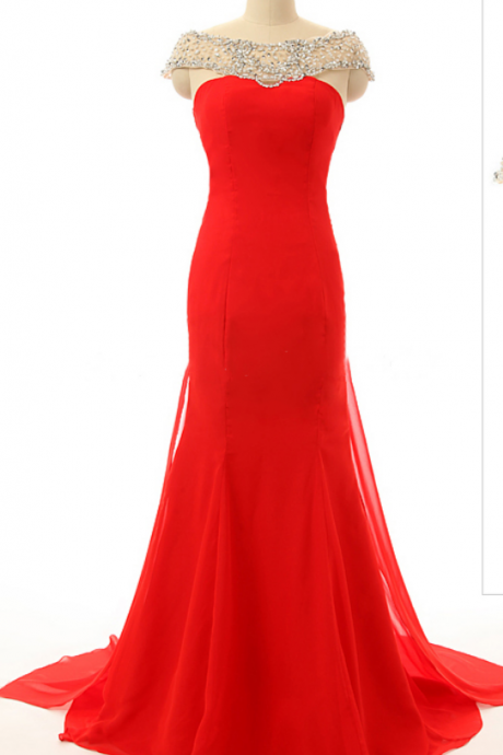 Graceful Red Prom Dresses, Trumpet Chiffon Prom Dresses With Beaded Neckline, Gorgeous See-through Prom Gowns