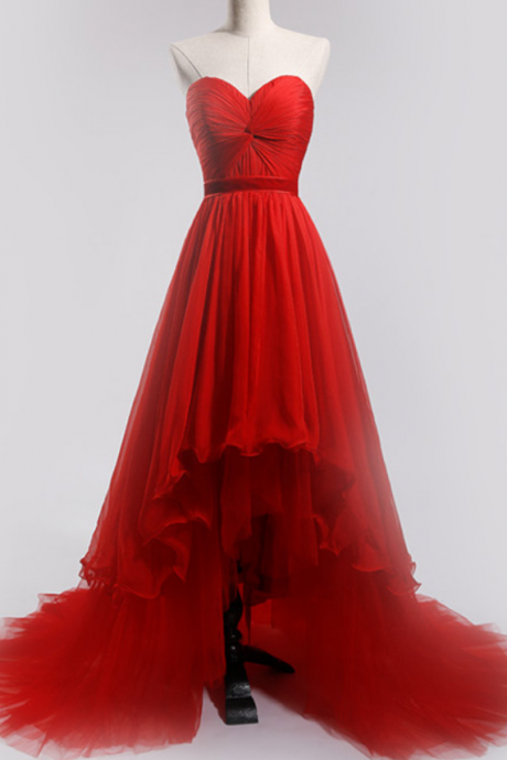 Lovely High Low Red Tulle Chiffon Prom Dresses Sweetheart Hi-lo Party Dresses ,