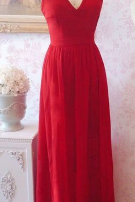 Long Red Chiffon Prom Dresses,a-line Prom Dresses ,v Neck Prom Dresses,long Party Dresses,women Formal Gowns