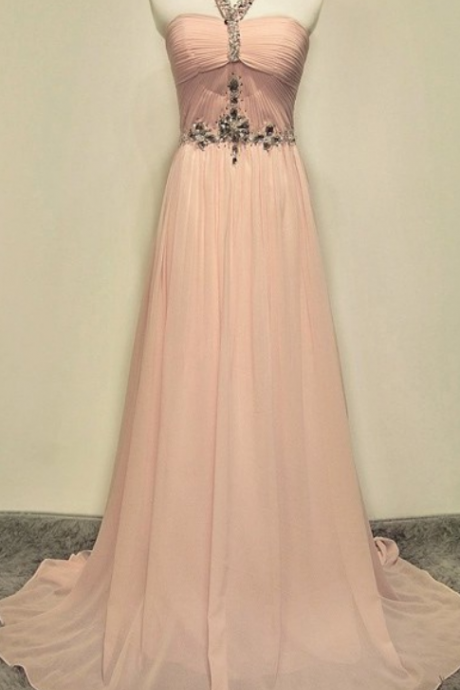 Simple Prom Dresses,blush Pink Evening Dresses,halter Prom Dress,beaded Party Dresses, Long Prom Gowns For Teens