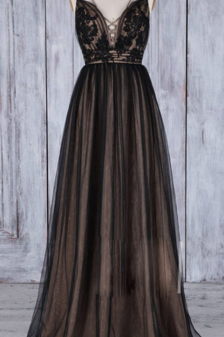 Black V Neck Lace Tulle Long Prom Dress, Black Bridesmaid Dress