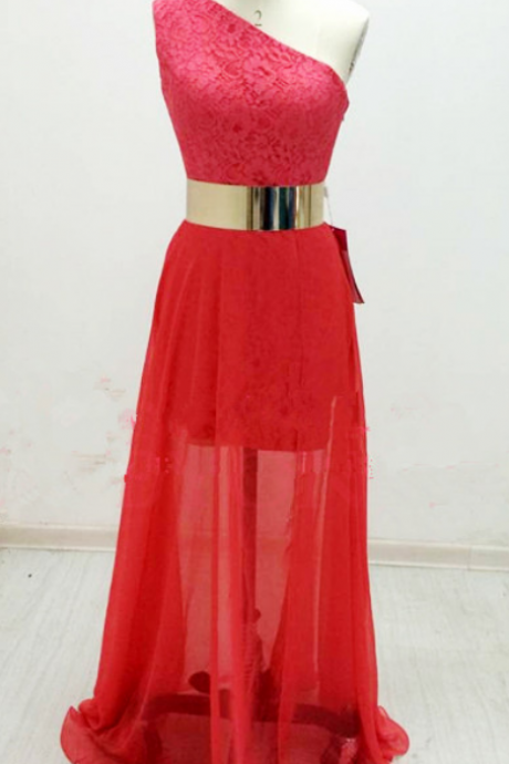 One Shoulder Red Prom Dresses,lace Prom Dress,evening Dress