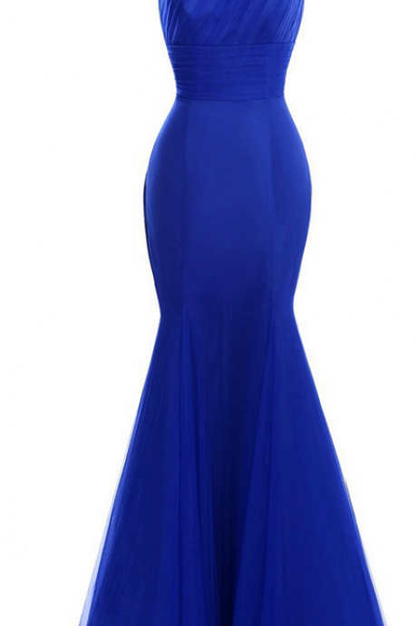 Asymmetric One Shoulder Fur Long Prom Dress, Chic Royal Blue Fit And Flare Prom Dress, Ruched Floor Length Tulle Prom Dress
