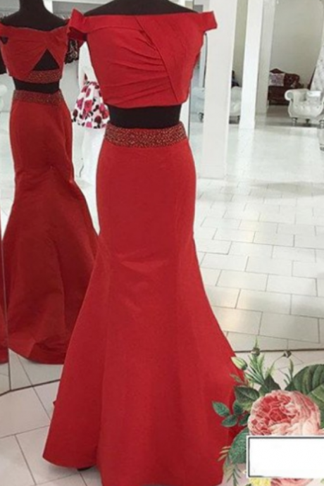 Red Off-the-shoulder Mermaid Satin Two Pieces Prom Dresses