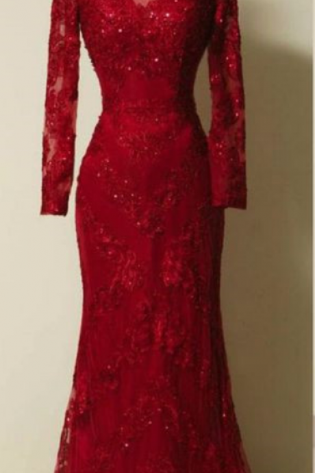 New Style Backless Lace Red Prom Dresses With Long Sleeves Beaded Bodice Pretty Mermaid Evening Prom Dress