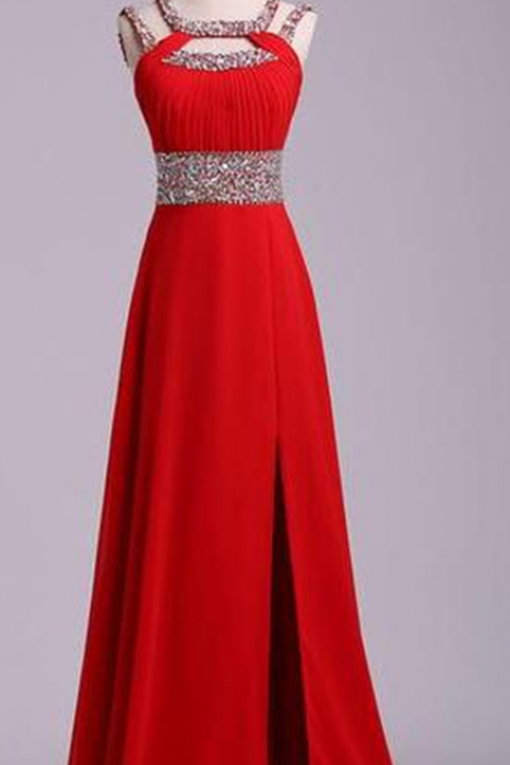 Red Beading Open Back Chiffon Prom Dresses