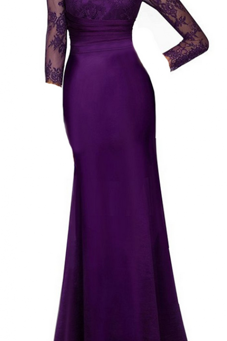 Women's Satin Wedding Party Dress V-neck Lace Mother Of Bride Dress With 3/4 Sleeves Purple Bridesmaid Dress