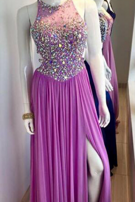 Purple Chiffon Prom Dresses, Open Back Prom Dresses, Crystals Women Party Dresses, Custom Made