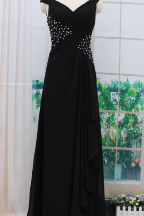 Black Long Chiffon Prom Dresses V-neck Crystals Women Party Dresses