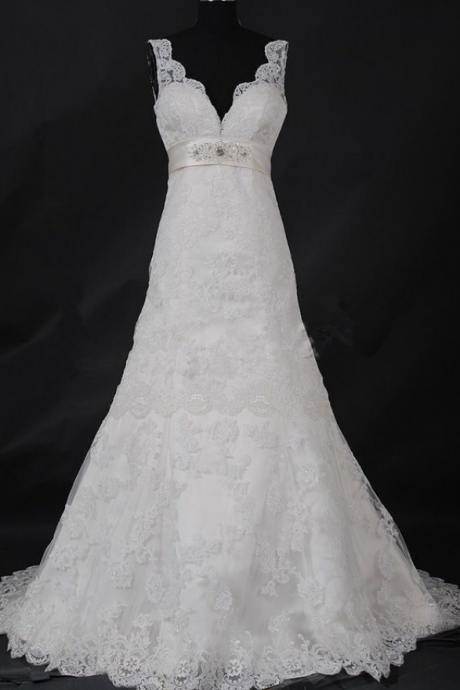 Elegant Modest A Line V Neck Long White/ivory Beading Backless, Cap Shoulder Wedding Dress, Prom / Evening Dress Bridal Gown