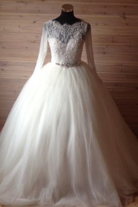  Wedding Dress,Cheap Long Sleeves Wedding Dresses,Button Back Lace Bridal Dresses,Ball Gown Wedding Dress