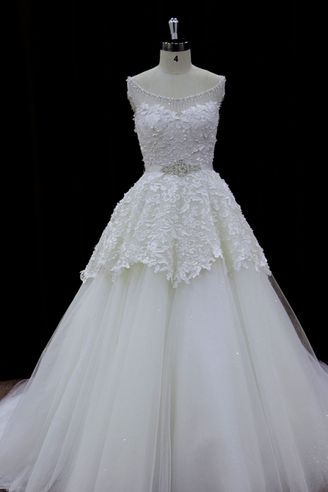 Floor Length Tulle Wedding Gown Featuring Sweetheart Illusion Bodice With Lace Appliqués And Crystal Embellished Neckline