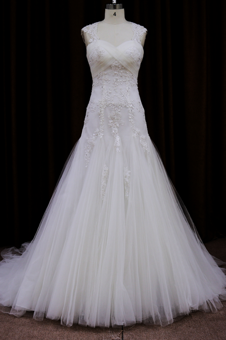 Floor Length Tulle Wedding Dress Featuring Beaded Embellished And Lace Appliqué Cap Sleeve Ruched Sweetheart Bodice