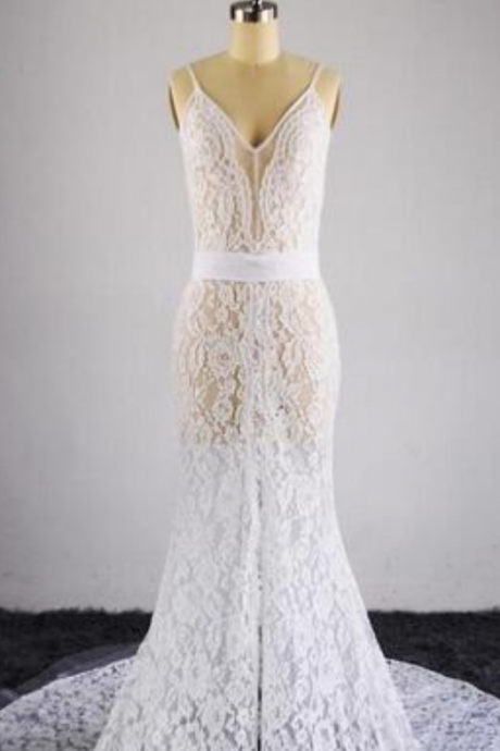 Real Images Sheer Bohemian Wedding Dresses Side Split Beach Lace Illusion Back