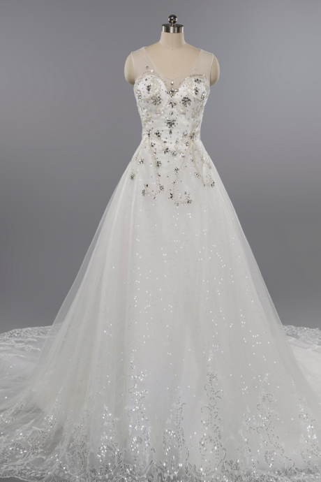 A-line Lace Applique Sequined Wedding Dress,Shiny Sparkly Wedding Gown