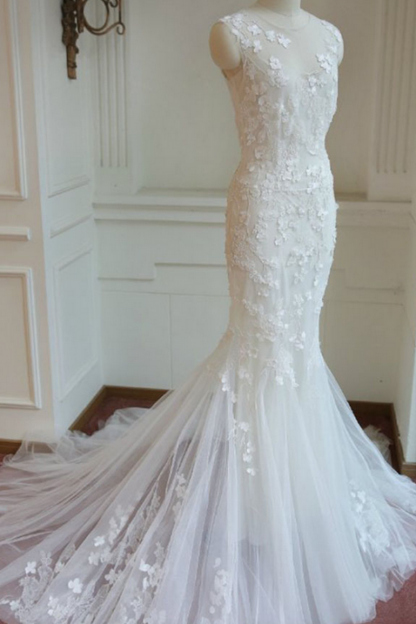 Elegant Mermaid Lace Wedding Dress.sleeveless Applique Wedding Dress Plus Size,ivory Wedding Dress