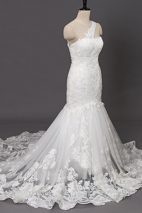 Lace Trumpet Wedding Dress,one-shoulder Trumpet Bridal Dresses,sequins Backless Lace-up Wedding Dresses,beach Wedding Dresses