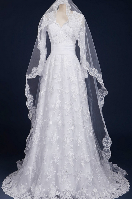 V-neck Wedding Dresses,Luxury A-line Wedding Dress,Sweep Train Bridal Dress,Lace Long Sleeves Beading Wedding Dress